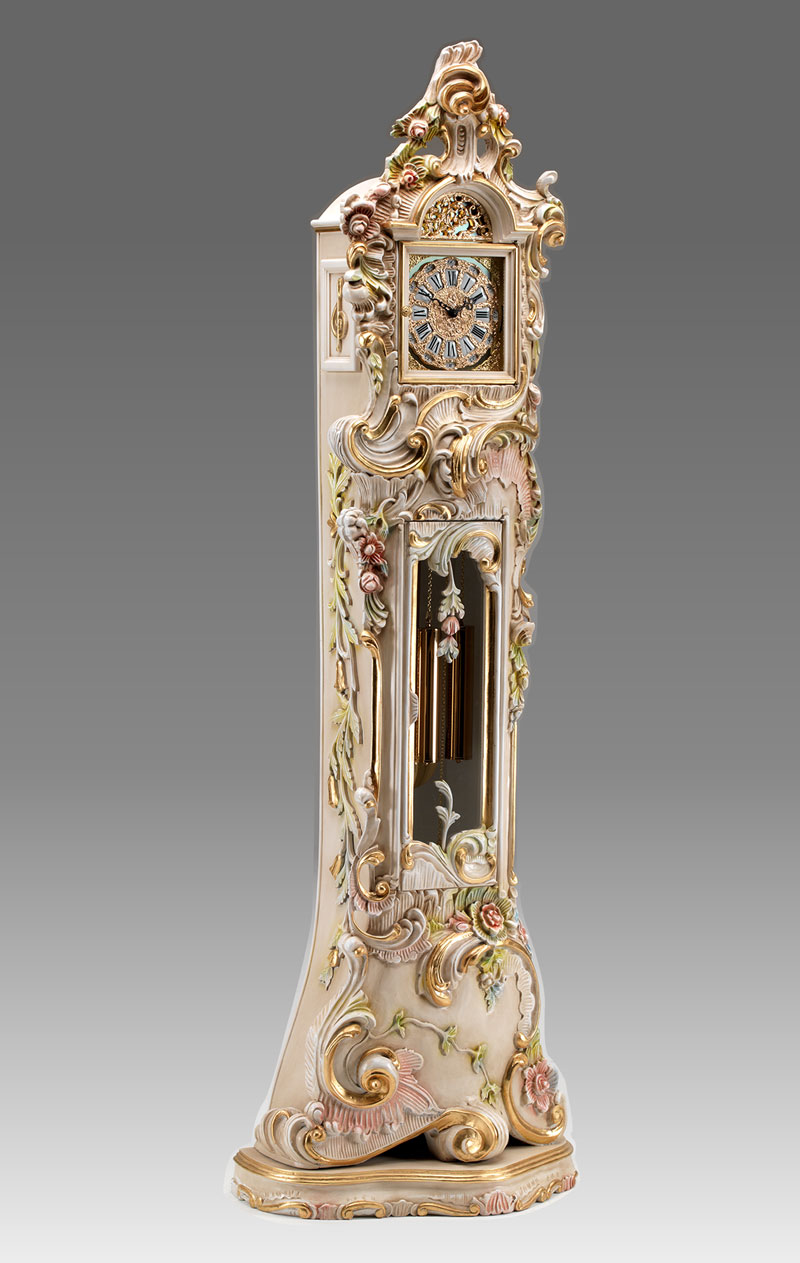 Grandfather clock Art.514/2 lacquered white patinated with gold and decoratio